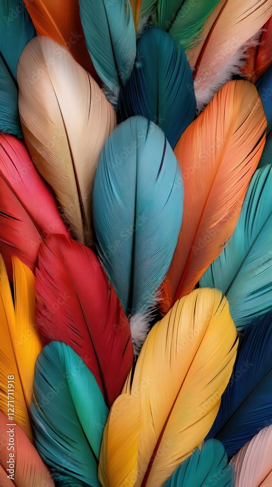Naklejka premium Colorful feathers arranged beautifully with vibrant hues and intricate textures.