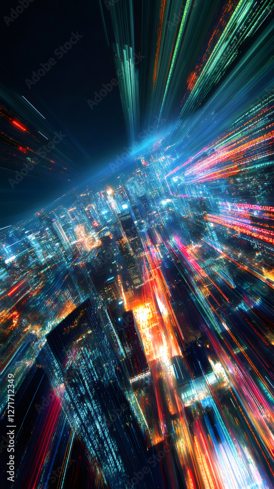 Fototapeta premium Colorful light trails creating a futuristic zoom effect over a sprawling metropolis at night
