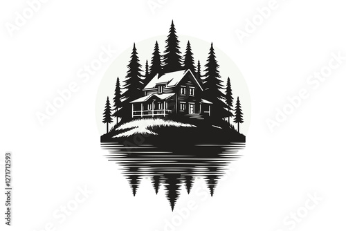 illustration in vintage retro style showcasing a detailed forest cabin nestled among pine trees in black and white