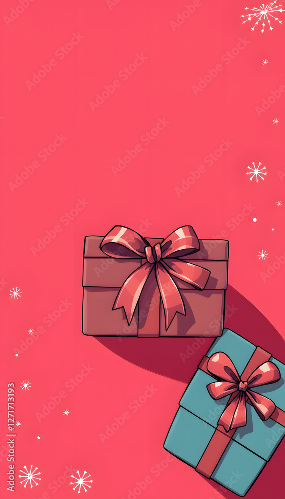 Fototapeta premium Banner with gift boxes tied with ribbons on a red background with place for text. Holidays concept, comic art. White tone