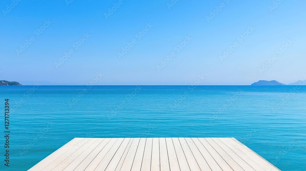 Fototapeta premium Bright Blue Ocean Horizon with Wooden Dock