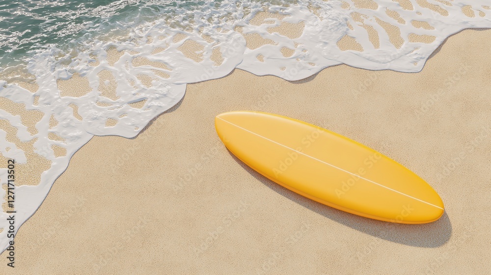 Bright yellow surfboard resting on the golden sands of a tropical beach yellow Bright yellow surfboard resting on the golden sands of a tropical beach yellow