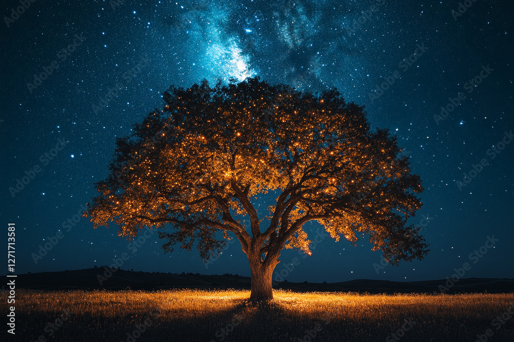 Celestial Oak, Luminous tree under a star-strewn indigo night sky Celestial Oak, Luminous tree under a star-strewn indigo night sky