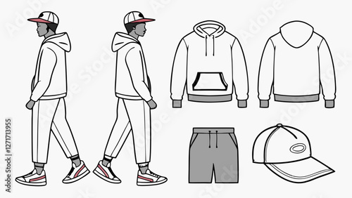 Streetwear Vector Mockup Pack for Fashion Brand - Blank tshirts long sleeve shirt shorts hoodies crewneck sweatshirts pullovers hoodies jogger pants tanktop baseball caps tote bags bucket hat vector