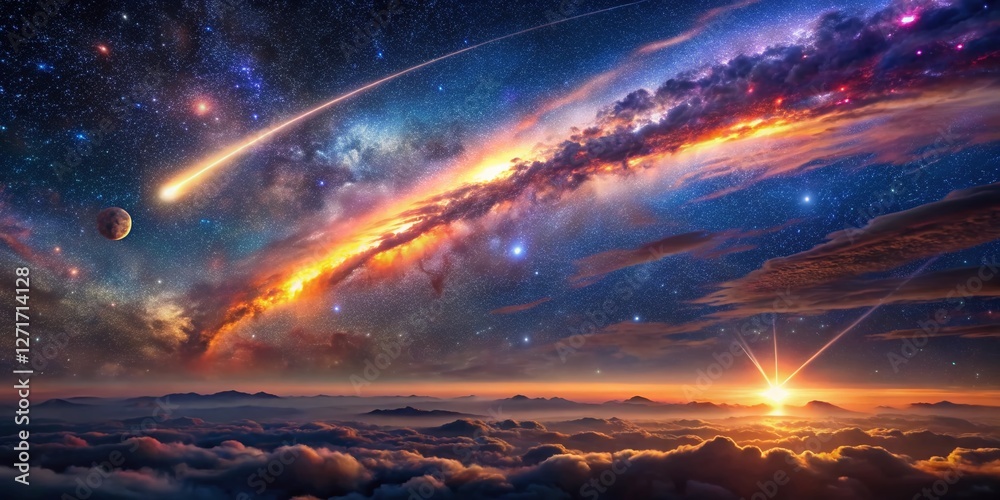 Naklejka premium Cosmic Kaleidoscope: Enchanting Meteor Shower Across Starry Nebula