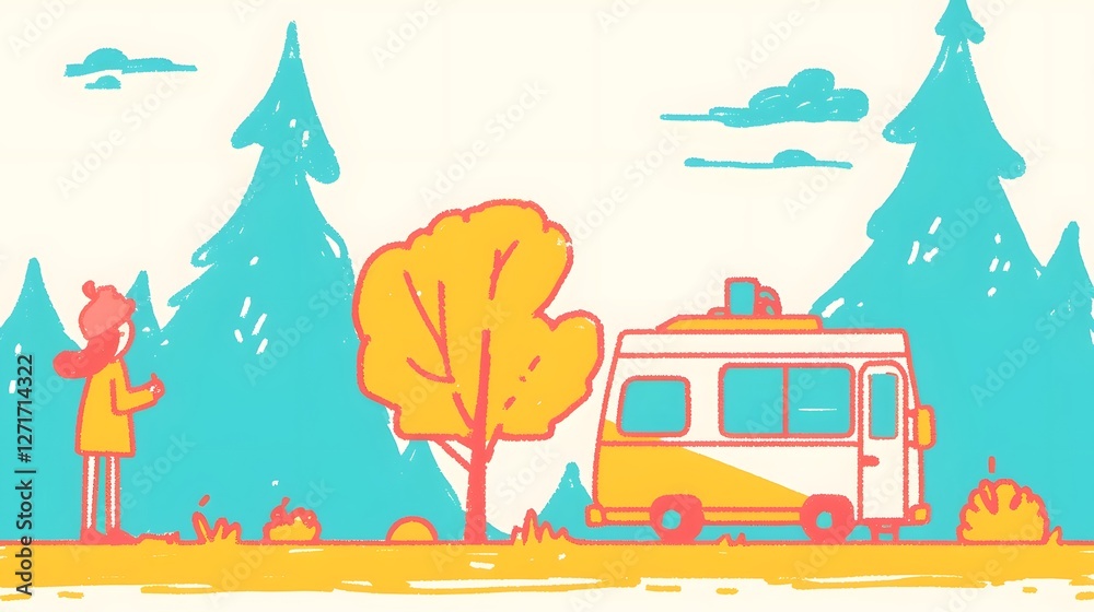 Obraz premium A group of friends embark on an exciting cross country road trip exploring the great outdoors in the comfort of an RV amid stunning mountain and forest landscapes