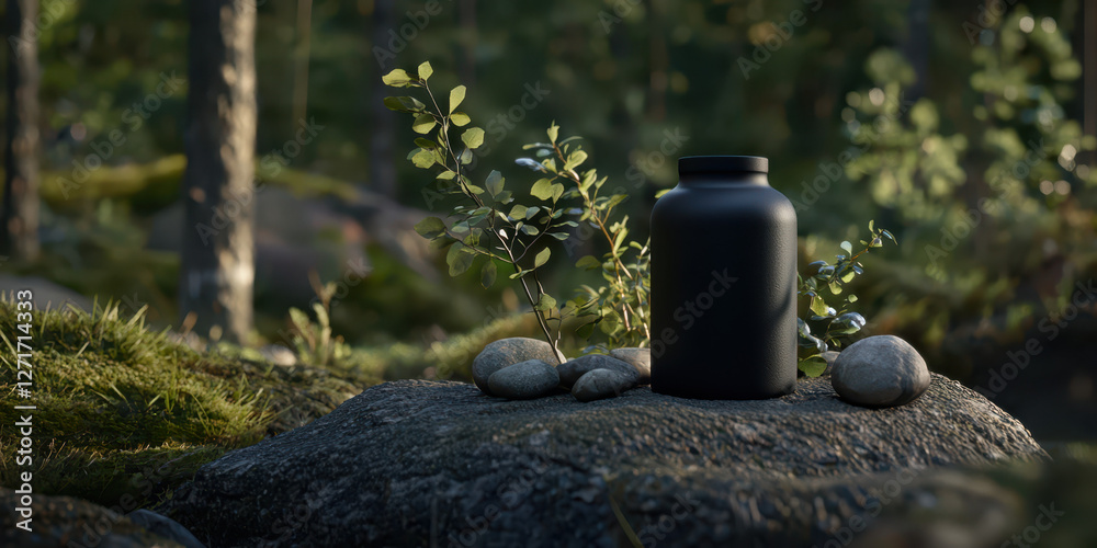 Explore the Serenity of Nature: A Black Bottle Amidst Lush Greenery and Stones, Capturing Tranquility in the Heart of the Forest. Explore the Serenity of Nature: A Black Bottle Amidst Lush Greenery and Stones, Capturing Tranquility in the Heart of the Forest.