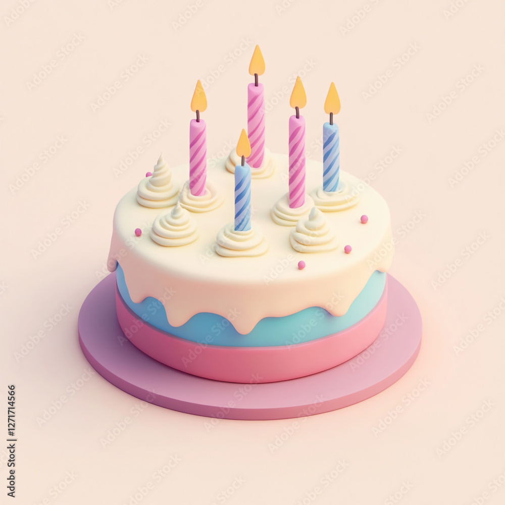 A 3D illustrated frosted cake with lit candles on top. The cake has decorative swirls of frosting and is placed on a pastel color plate against a pastel background. A 3D illustrated frosted cake with lit candles on top. The cake has decorative swirls of frosting and is placed on a pastel color plate against a pastel background.