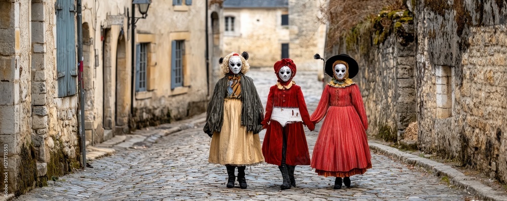 Three individuals in artistic costumes walking down a charming cobblestone street. Three individuals in artistic costumes walking down a charming cobblestone street.