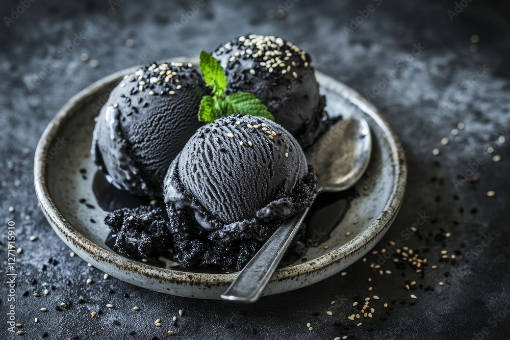 Unique Charcoal Ice Cream in Stylish Bowl with Mint Decoration