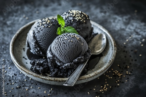 Obraz na płótnie Unique Charcoal Ice Cream in Stylish Bowl with Mint Decoration w salonie