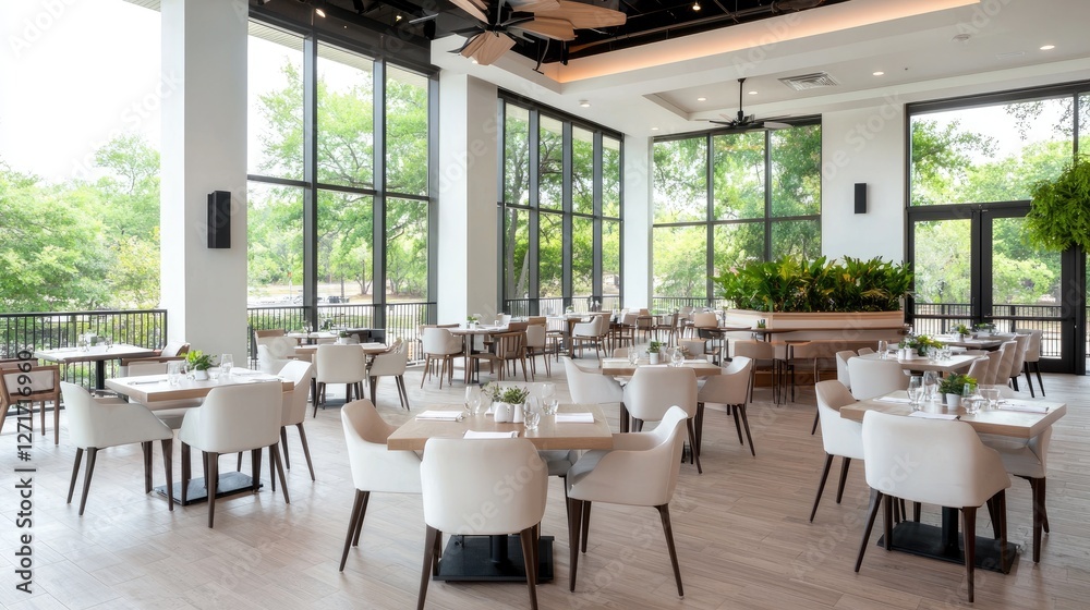 Fototapeta premium Modern restaurant interior with large windows overlooking trees and park. Perfect for corporate events, or a romantic dinner