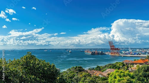 A panoramic view of Port Botany, with shipping containers and cranes against the ocean backdrop.