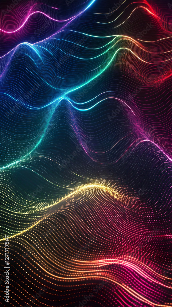 Obraz premium Vibrant digital particles swirling, creating dynamic wave-like patterns against dark backdrop