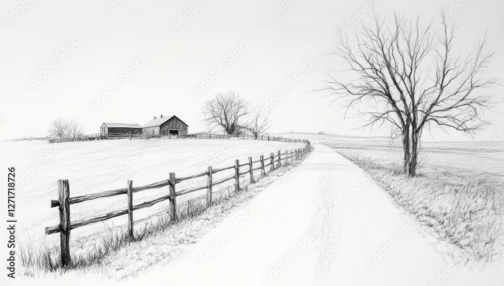 Realistic Pencil Sketch of a Rustic Barn with Country Road and Trees in a Rural Landscape Realistic Pencil Sketch of a Rustic Barn with Country Road and Trees in a Rural Landscape