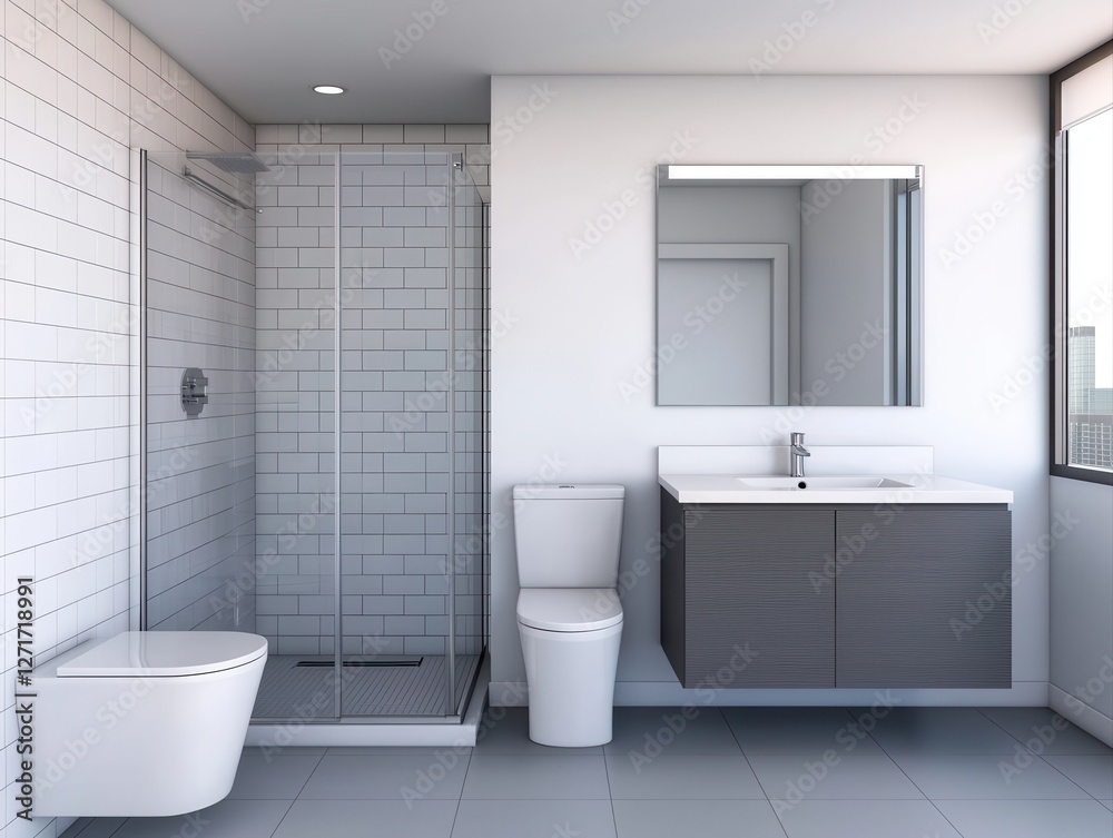 Modern bathroom design featuring a walk-in shower, sleek cabinetry, a mirror, and minimalist fixtures with a bright, airy feel. Modern bathroom design featuring a walk-in shower, sleek cabinetry, a mirror, and minimalist fixtures with a bright, airy feel.