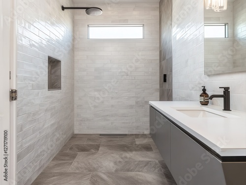 Modern bathroom featuring a sleek design with marble tiles  a minimalist vanity  and a spacious shower area  illuminated by natural light.