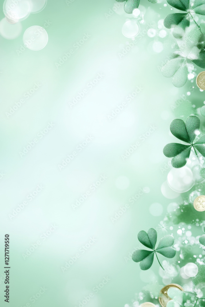 St. Patricks Day clovers and gold coins on green glitter background St. Patricks Day clovers and gold coins on green glitter background