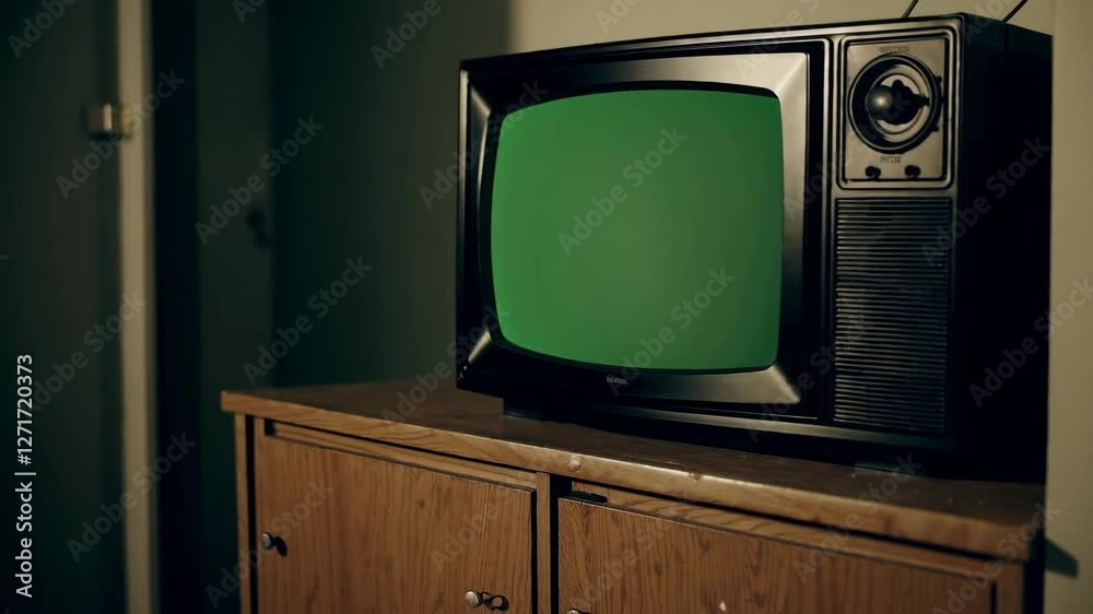 Old TV turning on with green screen video animation background