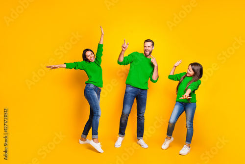 Wallpaper Mural Full length body size photo of cheerful crazy ecstatic overjoyed family with people dancing at club together wearing jeans denim sneakers isolated over vivid color yellow background Torontodigital.ca