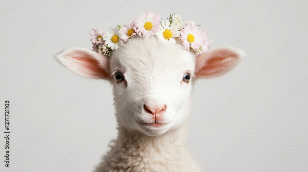 Naklejka premium A fluffy lamb wearing a crown of flowers, looking directly at the camera against a light background.