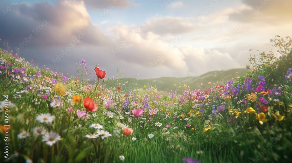 Obraz premium A meadow filled with wildflowers of various colors (daisies, poppies, and buttercups) under a soft, cloudy sky