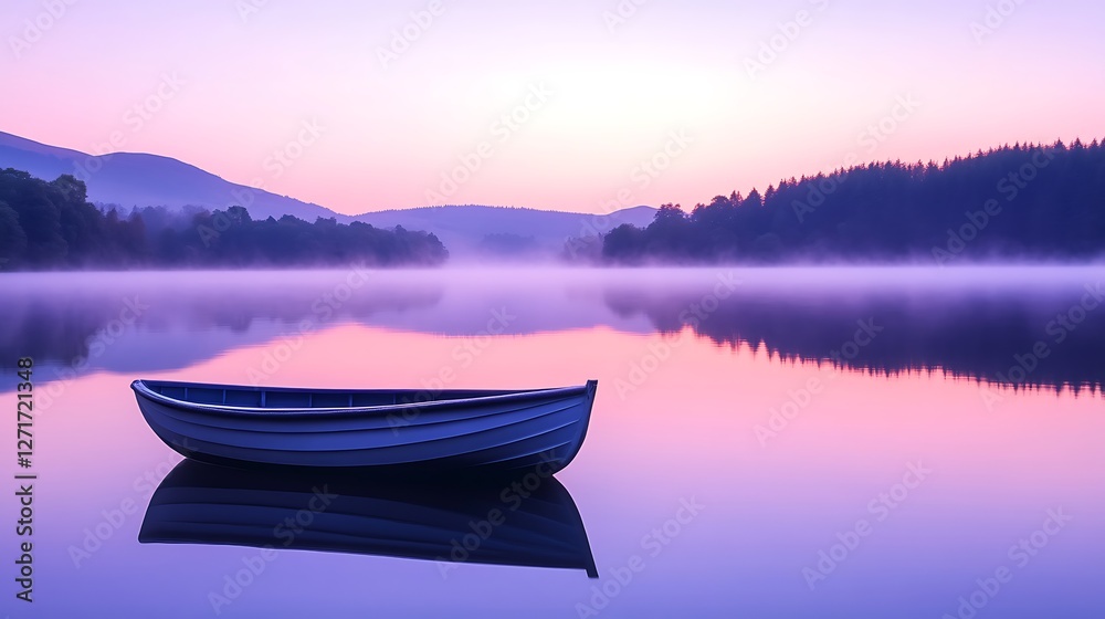 Serene Sunrise Rowboat on Misty Mountain Lake Serene Sunrise Rowboat on Misty Mountain Lake