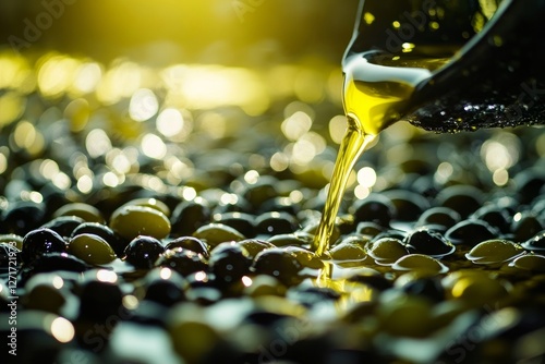 sunlit olive oil with fresh olives scattered around