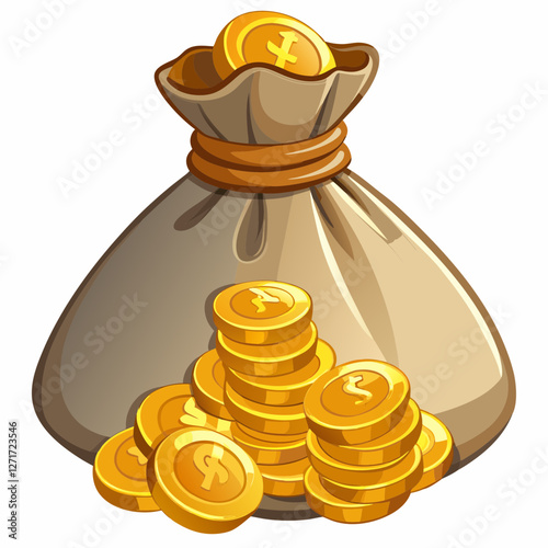 Golden Money Bag with Stacks of Coins – Wealth, Finance & Treasure Illustration.