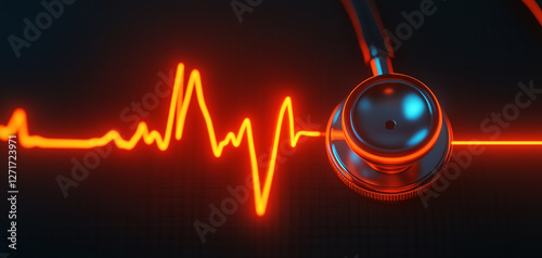 Stethoscope with glowing heartbeat signal on dark background, symbolizing medical technology and heart health.
