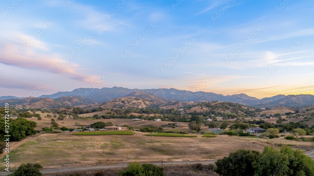 Fototapeta premium hillside farm panorama, peaceful mountain scenery, rural valley scene, vast expanse of hills, peaceful valley scene, majestic mountain range view, rural valley panorama, rural landscape photography