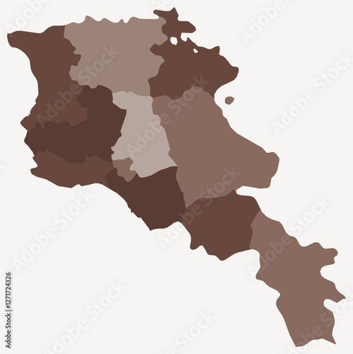 Map of Armenia with regions. Just a simple country border map with region division. Brown color palette. Flat Armenia shape with administrative division. Vector illustration.