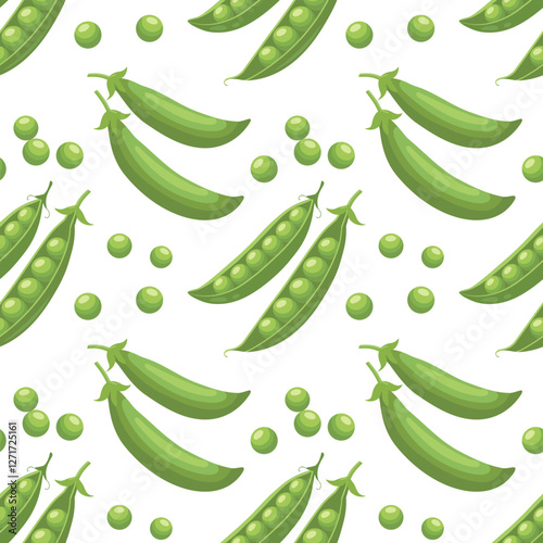 Seamless pattern with fresh green peas in pods on white background. Food background, print