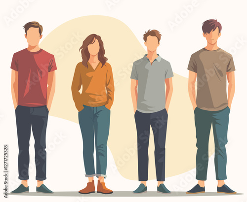 Diverse group of young people wearing stylish casual clothes, Young man character design man posing in casual stylish outfits flat design illustration set.