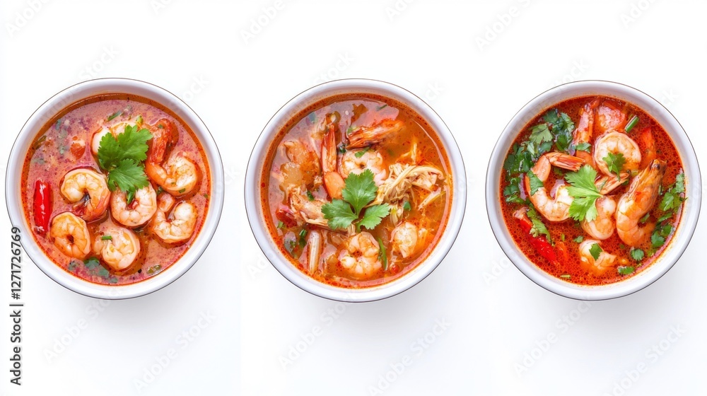 A set of three different styles of Tom Yum Goong, each with unique presentations, isolated on white. --chaos 20 --ar 16:9 --quality 2 --v 6.1 Job ID: 9eb0fd63-9e6b-4728-a9ef-3e526163189c A set of three different styles of Tom Yum Goong, each with unique presentations, isolated on white. --chaos 20 --ar 16:9 --quality 2 --v 6.1 Job ID: 9eb0fd63-9e6b-4728-a9ef-3e526163189c