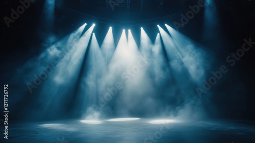 A dramatic scene with blue stage lights illuminating a smoky background.