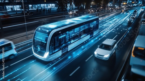 A smart city concept featuring self-driving public transport, AI traffic monitoring, and green energy solutions.
