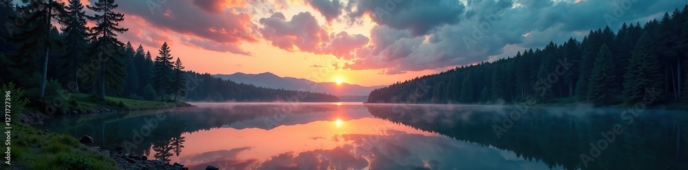 Forest landscape with aurora and lake at dusk, dusk, peaceful, golden light Forest landscape with aurora and lake at dusk, dusk, peaceful, golden light