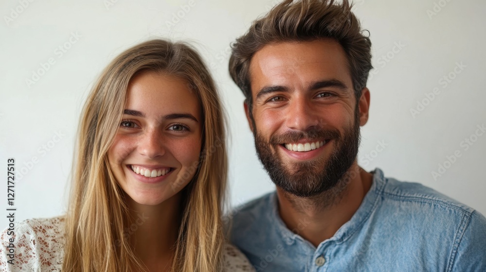 Man and woman smiling at the camera in a joyful and friendly outdoor setting Man and woman smiling at the camera in a joyful and friendly outdoor setting