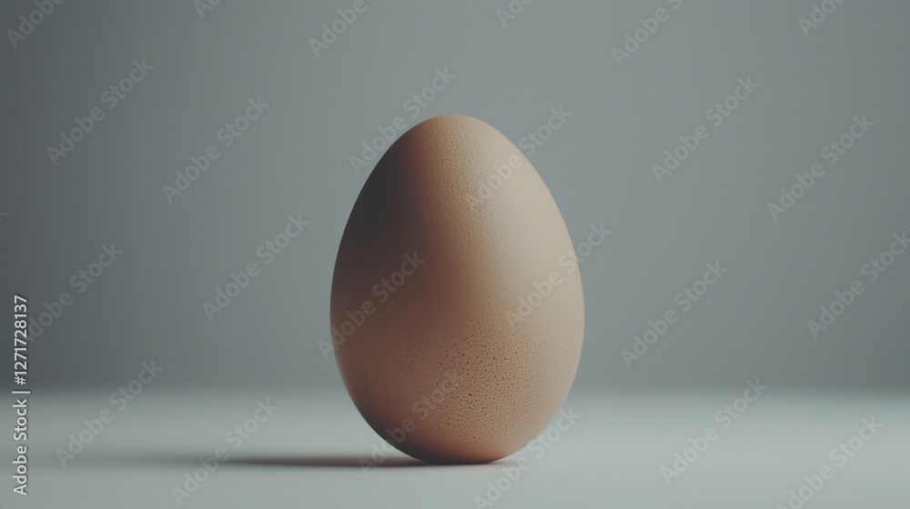 A single brown egg standing upright on a smooth surface against a soft gray background. A single brown egg standing upright on a smooth surface against a soft gray background.