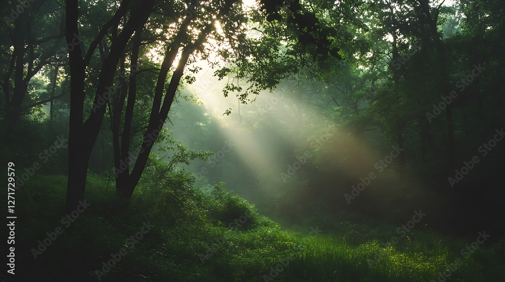 Sunbeams Illuminate Misty Forest Path Green Trees Sunbeams Illuminate Misty Forest Path Green Trees