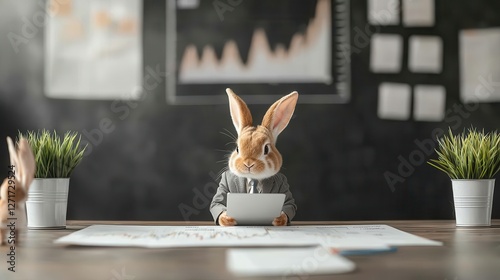 Easter bunny in a business suit analyzing stock charts, symbolizing market strategy