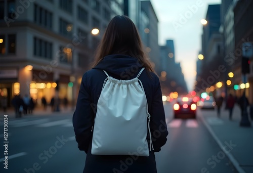 Back view of a person wearing a white drawstring bag in an urban cityscape at dusk. The streets are illuminated by streetlights and distant car headlights. 