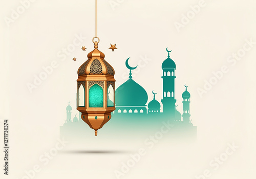 Islamic greetings Ramadan Kareem card design with lanterns and crescent, elegant golden moon with mosque Ramadan Kareem background