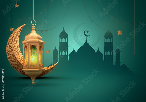 Islamic greetings Ramadan Kareem card design with lanterns and crescent, elegant golden moon with mosque Ramadan Kareem background