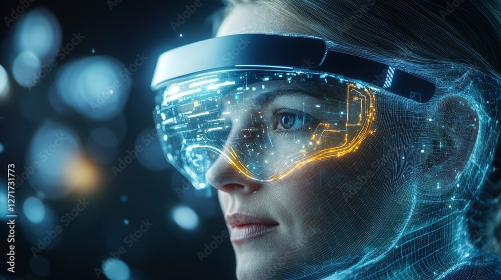 custom made wallpaper toronto digitalClose-up of a woman wearing futuristic augmented reality glasses showcasing high-tech digital displays and holographic elements