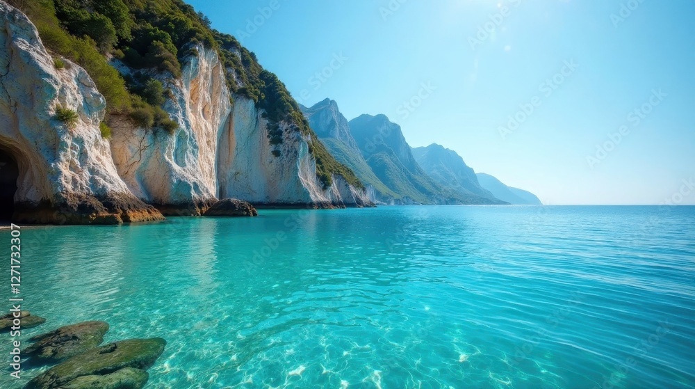 Serene Coastal Vista Crystal-clear turquoise water laps gently against a rocky shore, where a cave-like opening is nestled beneath verdant cliffs and majestic mountains under a bright summer sky. Serene Coastal Vista Crystal-clear turquoise water laps gently against a rocky shore, where a cave-like opening is nestled beneath verdant cliffs and majestic mountains under a bright summer sky.