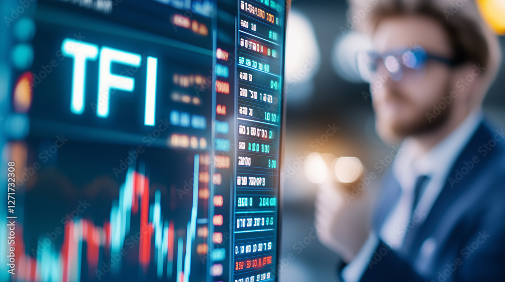 Obraz premium Digital Financial Screen with TFI (Towarzystwo Funduszy Inwestycyjnych), Investment Trends, Market Growth, and Diversified Asset Strategies, Trading Opportunities, and Capital Management Insights.