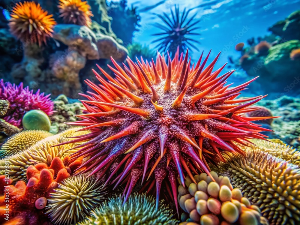 Fototapeta premium Crown of Thorns Starfish Devouring Vibrant Coral Reef - Underwater Candid Photography