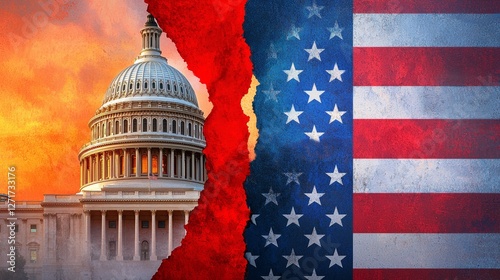 Wallpaper Mural A torn U.S. Capitol glows in red and blue under a muted American flag, the sharp contrast between the halves reflecting the polarization of the political landscape. Torontodigital.ca